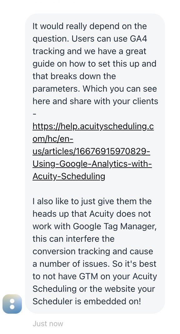Acuity Scheduling Customer Support reply to Conversion Tracking and Google Tag Manager question
